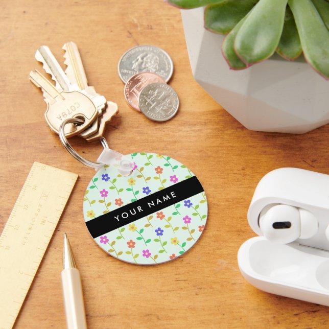 Colourful Flowers, Light Green Background, Black Key Ring (Desk)