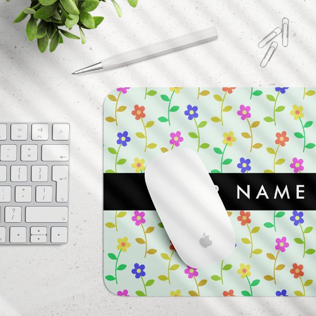 Colourful Flowers, Light Green Background, Black Mouse Pad (Creator Uploaded)