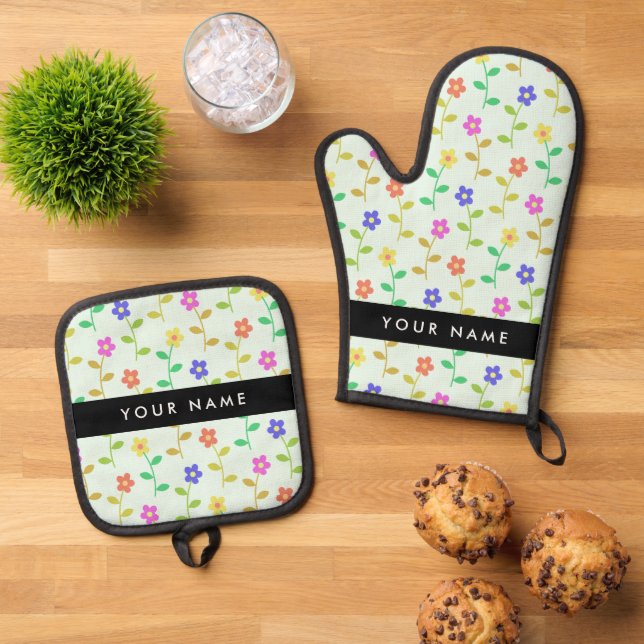 Colourful Flowers, Light Green Background, Black Oven Mitt & Pot Holder Set (Top Down)
