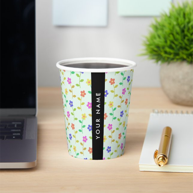 Colourful Flowers, Light Green Background, Black Paper Cups (Insitu)