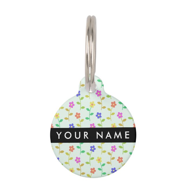 Colourful Flowers, Light Green Background, Black Pet Tag (Front)