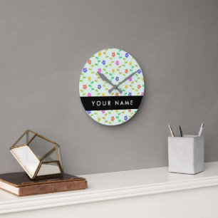 Colourful Flowers, Light Green Background, Black Round Clock