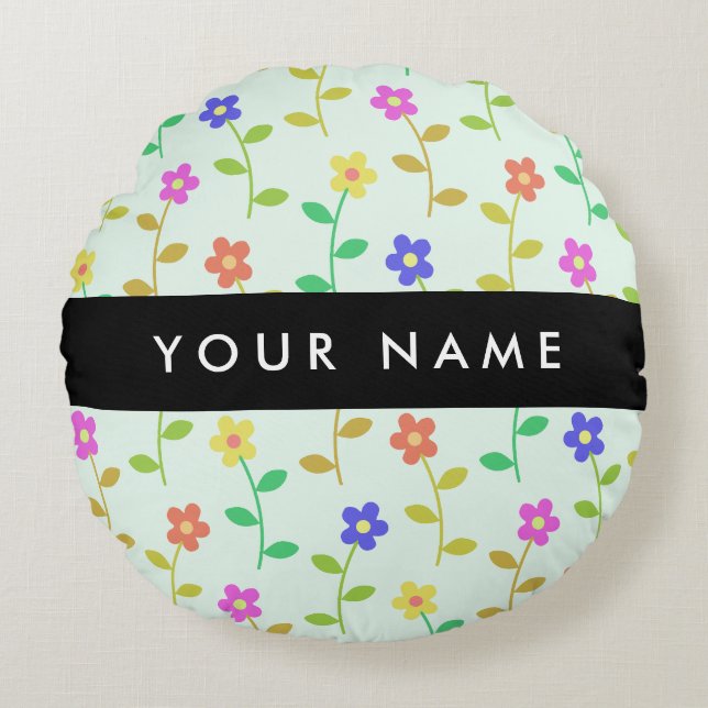 Colourful Flowers, Light Green Background, Black Round Cushion (Front)
