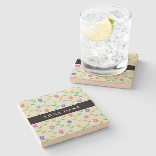 Colourful Flowers, Light Green Background, Black Stone Coaster