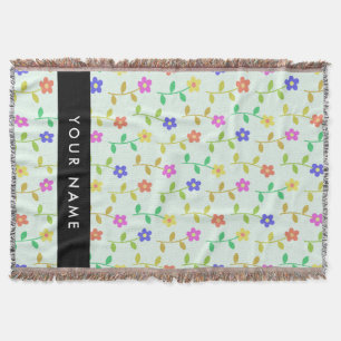 Colourful Flowers, Light Green Background, Black Throw Blanket