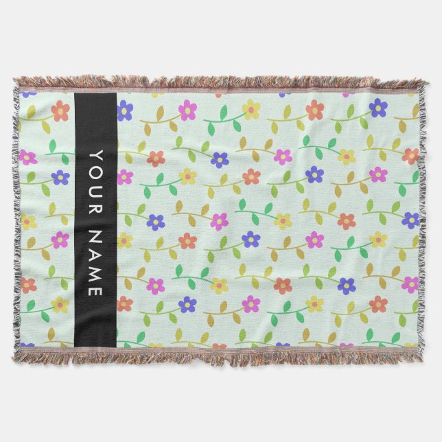 Colourful Flowers, Light Green Background, Black Throw Blanket (Front)