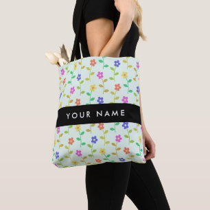 Colourful Flowers, Light Green Background, Black Tote Bag