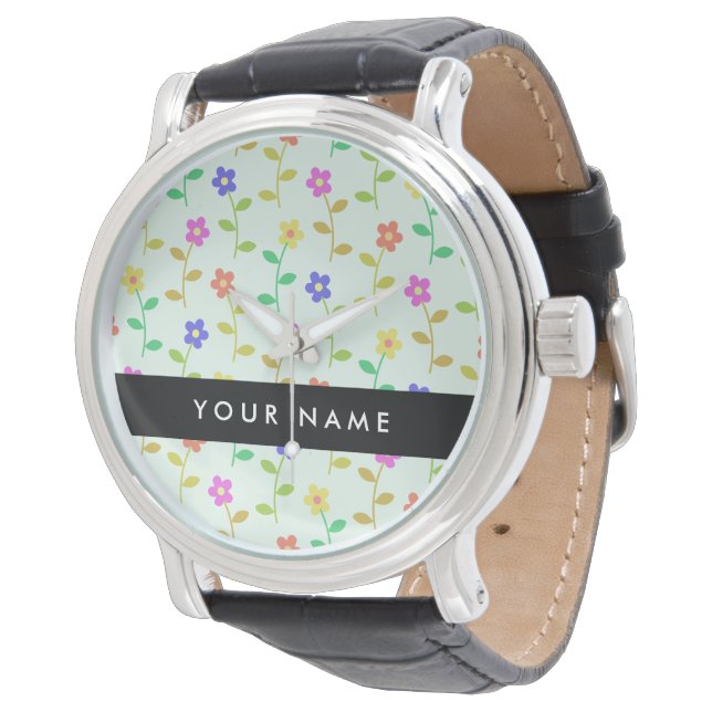Colourful Flowers, Light Green Background, Black Watch (Angled)