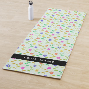 Colourful Flowers, Light Green Background, Black Yoga Mat