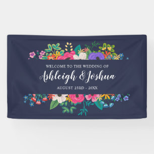 Colourful Flowers Navy Blue Wedding Welcome Banner