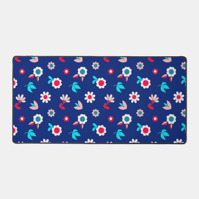 Colourful Flowers on a Dark Blue Background Desk Mat (Front)