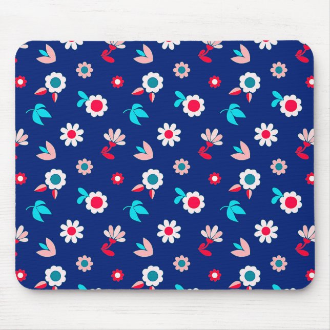 Colourful Flowers on a Dark Blue Background Mouse Pad (Front)