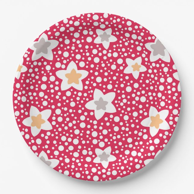Colourful flowers on a retro polka dot background paper plate (Front)
