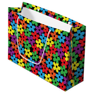 Colourful Flowers on Black Large Gift Bag