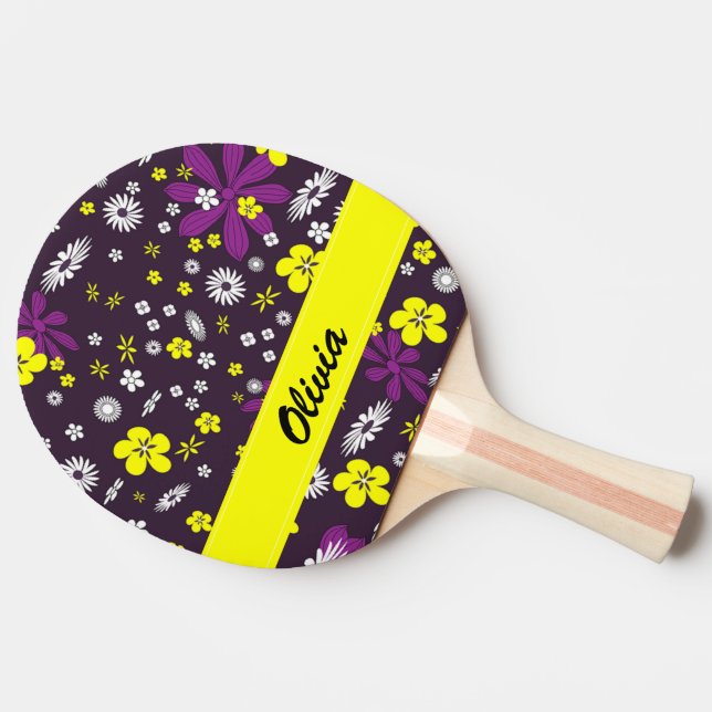 Colourful flowers on black ping pong paddle (Side)