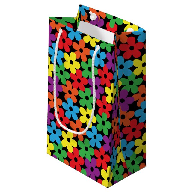 Colourful Flowers on Black Small Gift Bag (Front Angled)