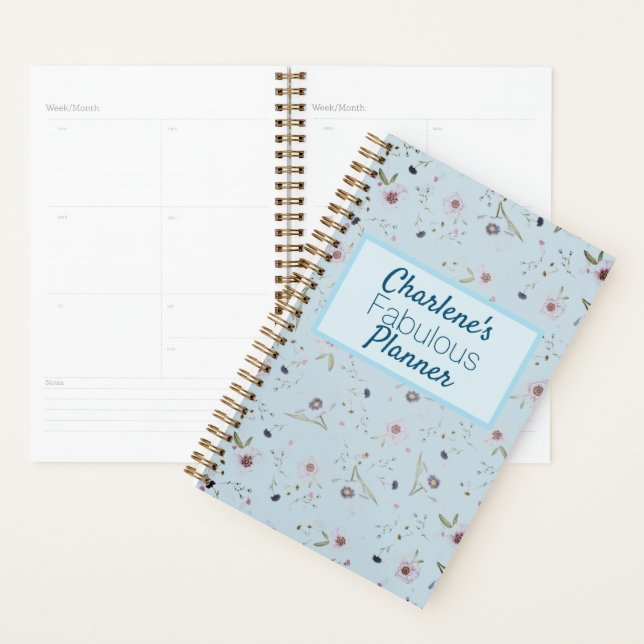 Colourful Flowers on Blue Personalised Planner (Display)