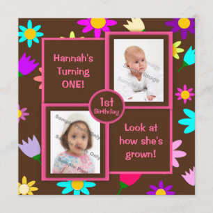 Colourful Flowers on Brown Photo First Birthday Invitation