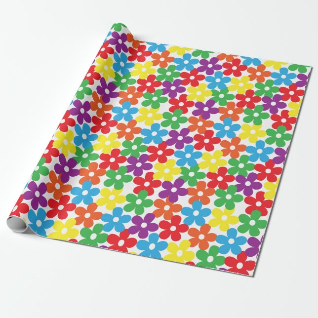 Colourful Flowers on White Wrapping Paper (Unrolled)