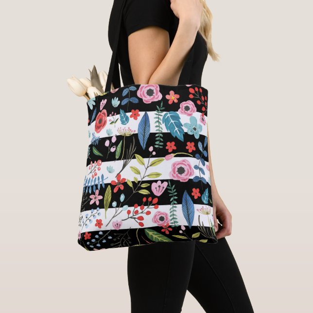 Colourful Flowers Over Black & White Stripes Tote Bag (Close Up)
