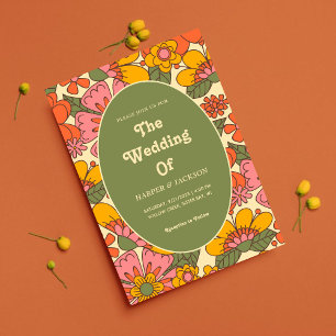 Colourful Flowers Pattern Retro Boho 70s Wedding Invitation