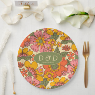 Colourful Flowers Pattern Retro Boho 70s Wedding Paper Plate