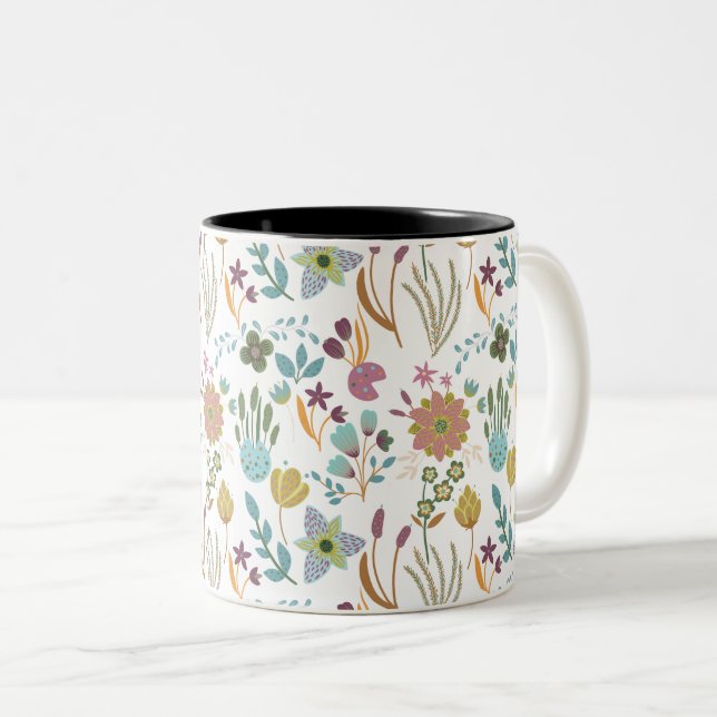 Colourful Flowers Pattern Two-Tone Coffee Mug (Front Right)