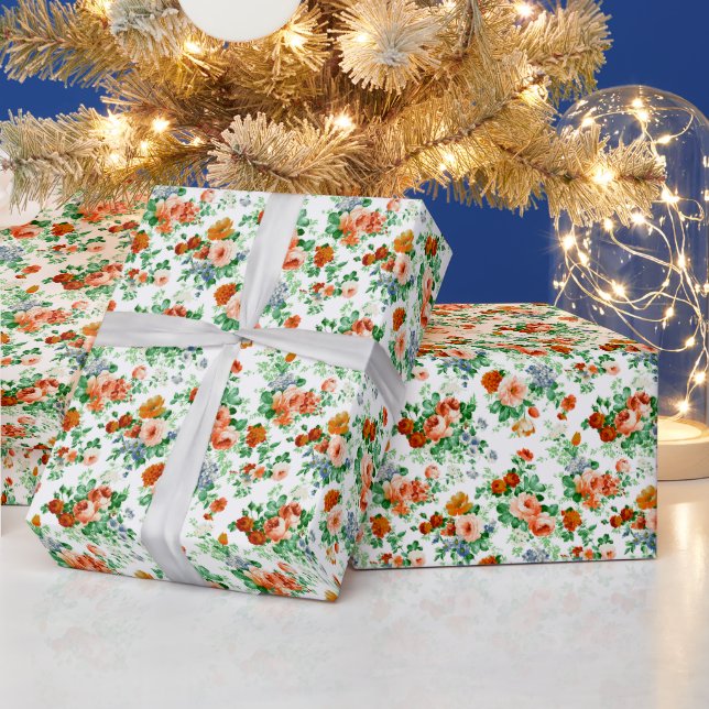 Colourful Flowers Pattern White Background Wrapping Paper (Holidays)