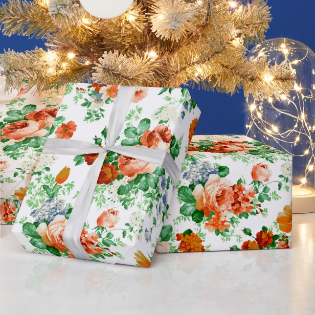 Colourful Flowers Pattern White Background Wrapping Paper (Holidays)