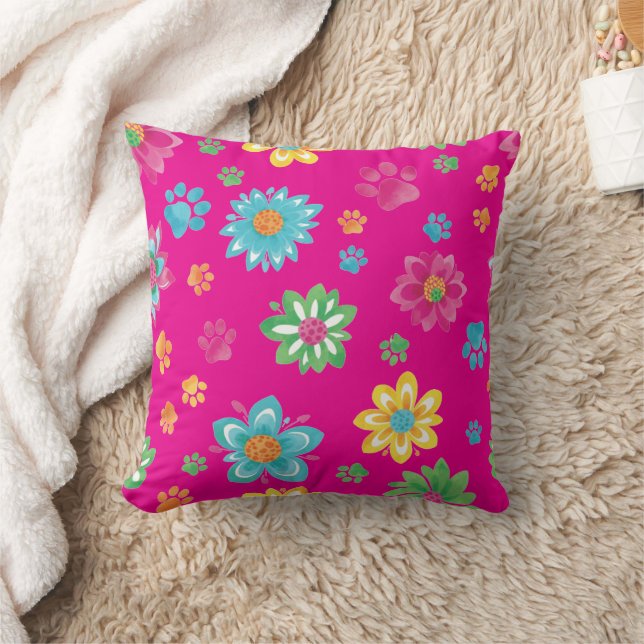 Colourful Flowers & Paw Prints Pillow (Blanket)