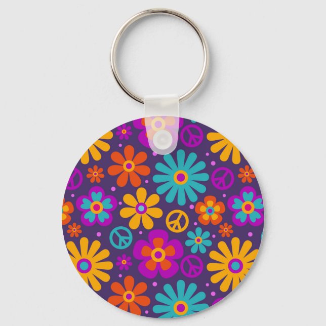 Colourful Flowers Peace Love Groovy Retro Hippie Key Ring (Front)