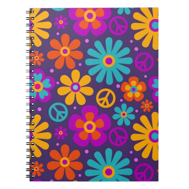 Colourful Flowers Peace Love Groovy Retro Hippie Notebook (Front)