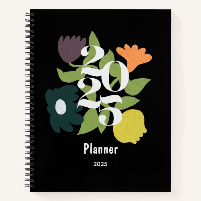 Colourful Flowers Personalised Black Planner  Notebook (Front)