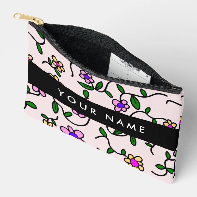 Colourful Flowers, Pink Background, Black Accessory Pouch (Open)