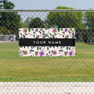 Colourful Flowers, Pink Background, Black Banner