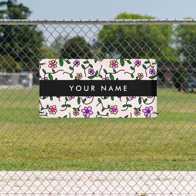 Colourful Flowers, Pink Background, Black Banner (Insitu)