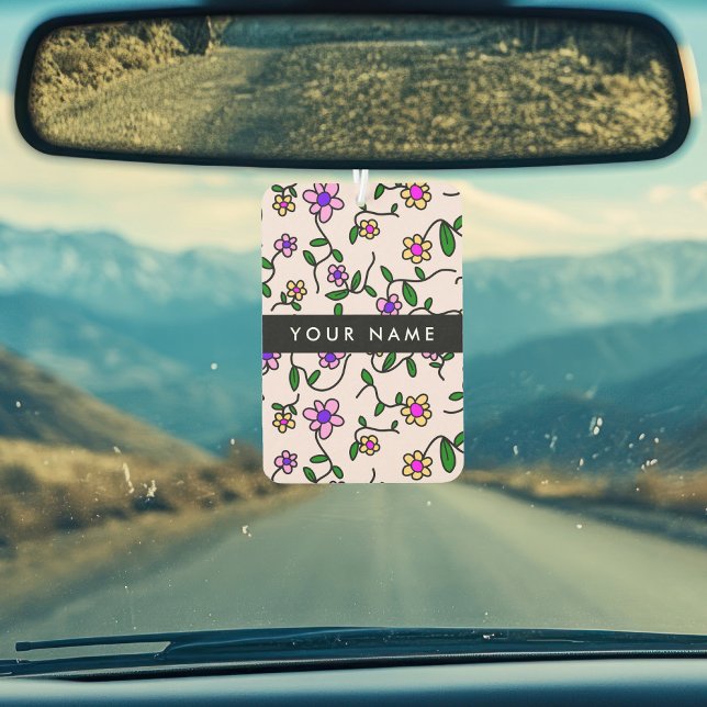 Colourful Flowers, Pink Background, Black Car Air Freshener (Creator Uploaded)