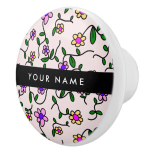 Colourful Flowers, Pink Background, Black Ceramic Knob