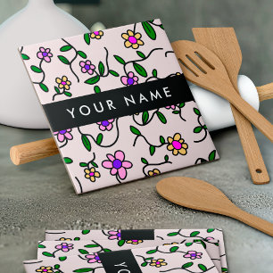 Colourful Flowers, Pink Background, Black Ceramic Tile