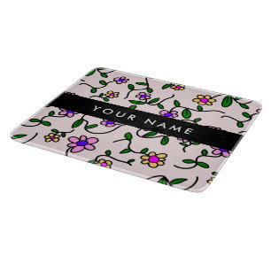 Colourful Flowers, Pink Background, Black Cutting Board
