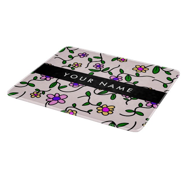 Colourful Flowers, Pink Background, Black Cutting Board (Corner)