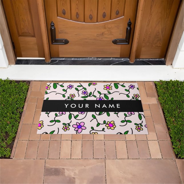Colourful Flowers, Pink Background, Black Doormat (Outdoor)