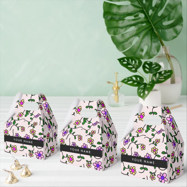 Colourful Flowers, Pink Background, Black Favour Box (Multiple)