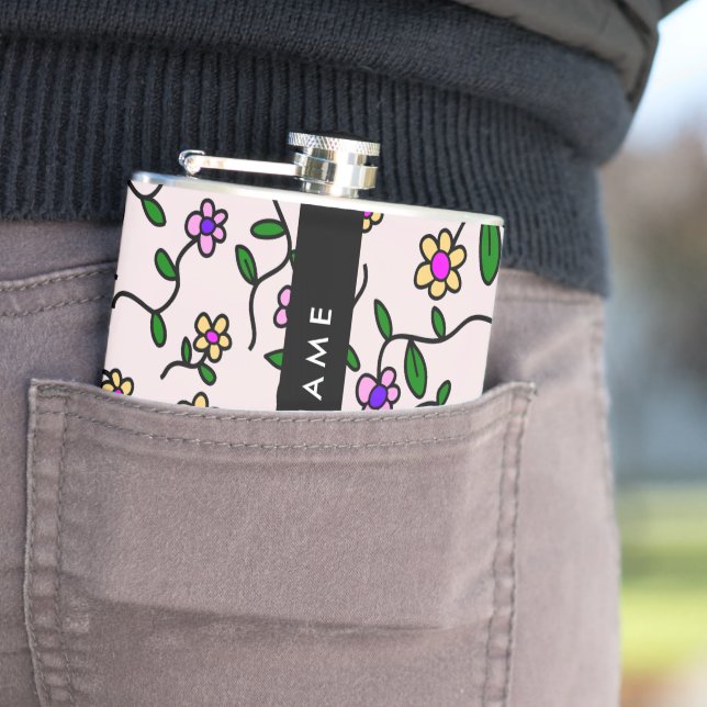 Colourful Flowers, Pink Background, Black Hip Flask (In Situ)