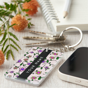 Colourful Flowers, Pink Background, Black Key Ring