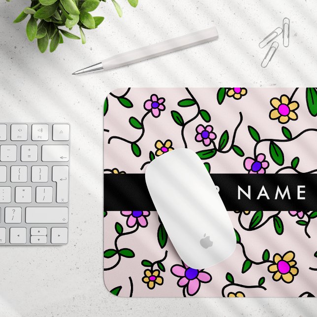 Colourful Flowers, Pink Background, Black Mouse Pad (Creator Uploaded)