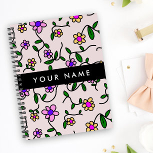 Colourful Flowers, Pink Background, Black Notebook