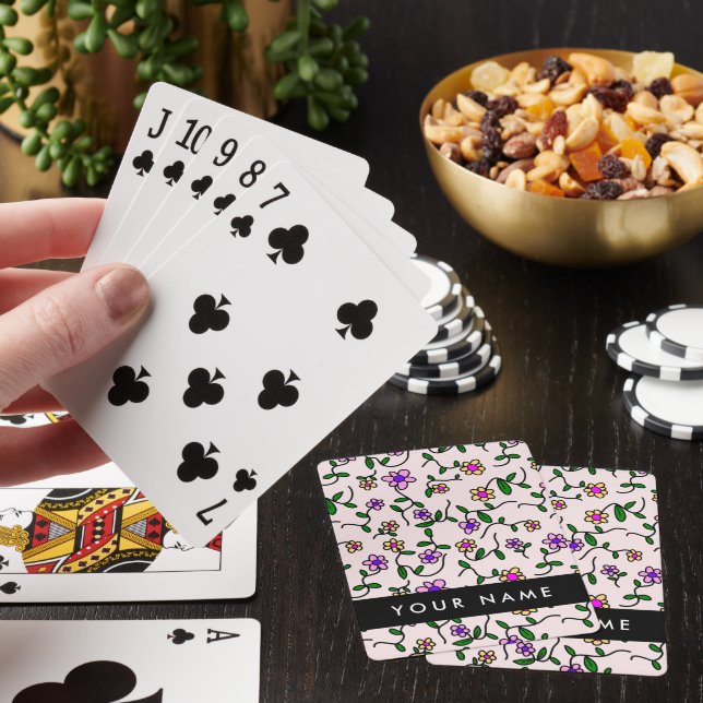 Colourful Flowers, Pink Background, Black Playing Cards (In Situ)
