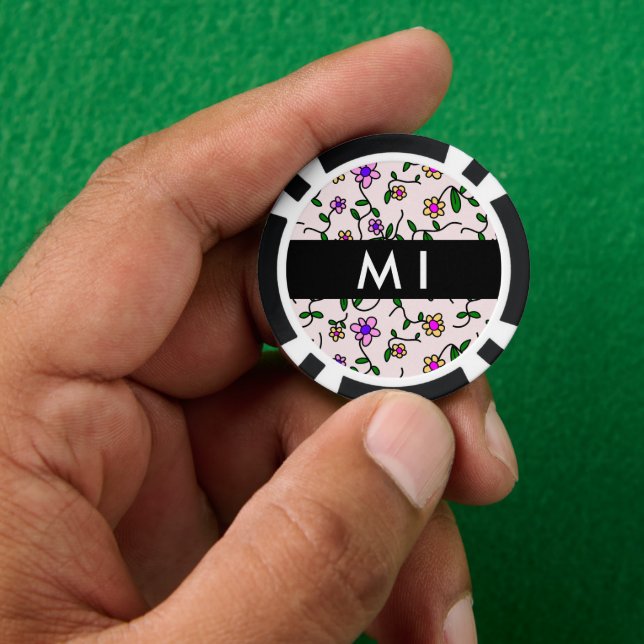 Colourful Flowers, Pink Background, Black Poker Chips (Hand)
