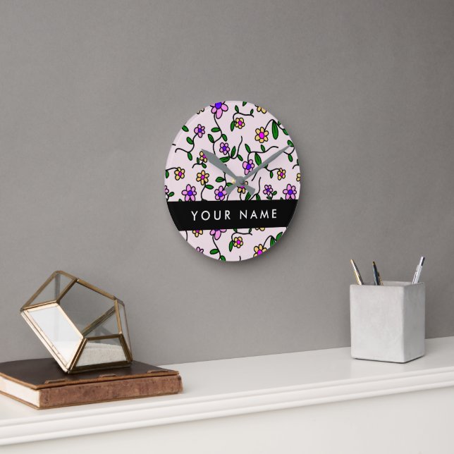 Colourful Flowers, Pink Background, Black Round Clock (Office)